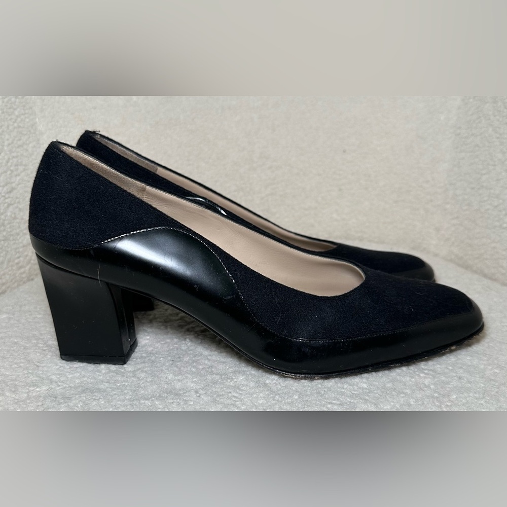 Salvatore Ferragamo Black Suede & Leather Block Heel Pumps Preppy Money 9.5 - Picture 2 of 12